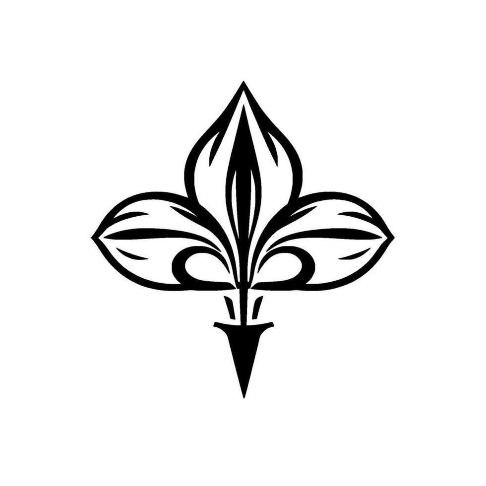 A stylized, symmetrical, black and white fleurdelis emblem, with a minimalist aesthetic and clean lines on a pure white background. vector