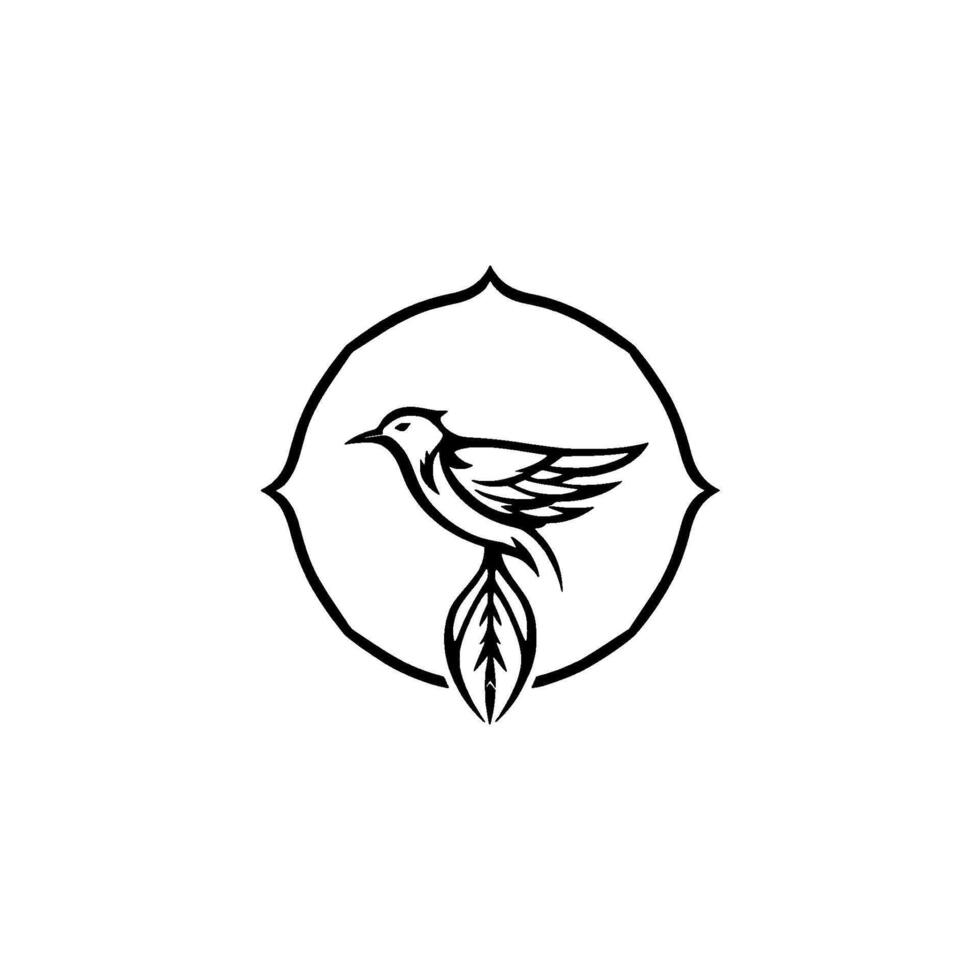 Elegant Black and White Bird Stylized avian silhouette perched on a leaf, enclosed within a decorative, circular frame. vector