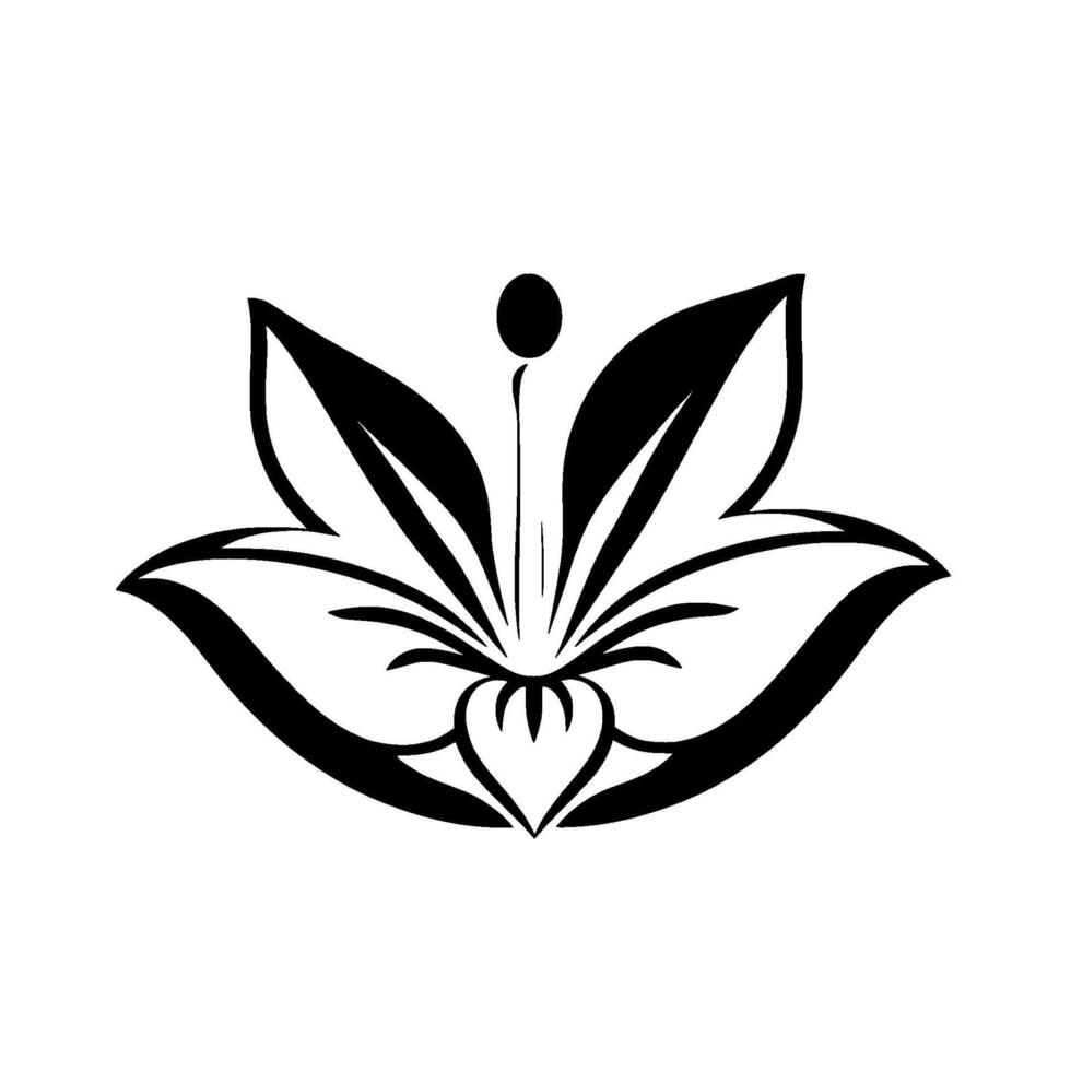 Symmetrical, bold black and white lotus flower illustration with stylized petals, a central stem, and minimalist aesthetic on white. vector