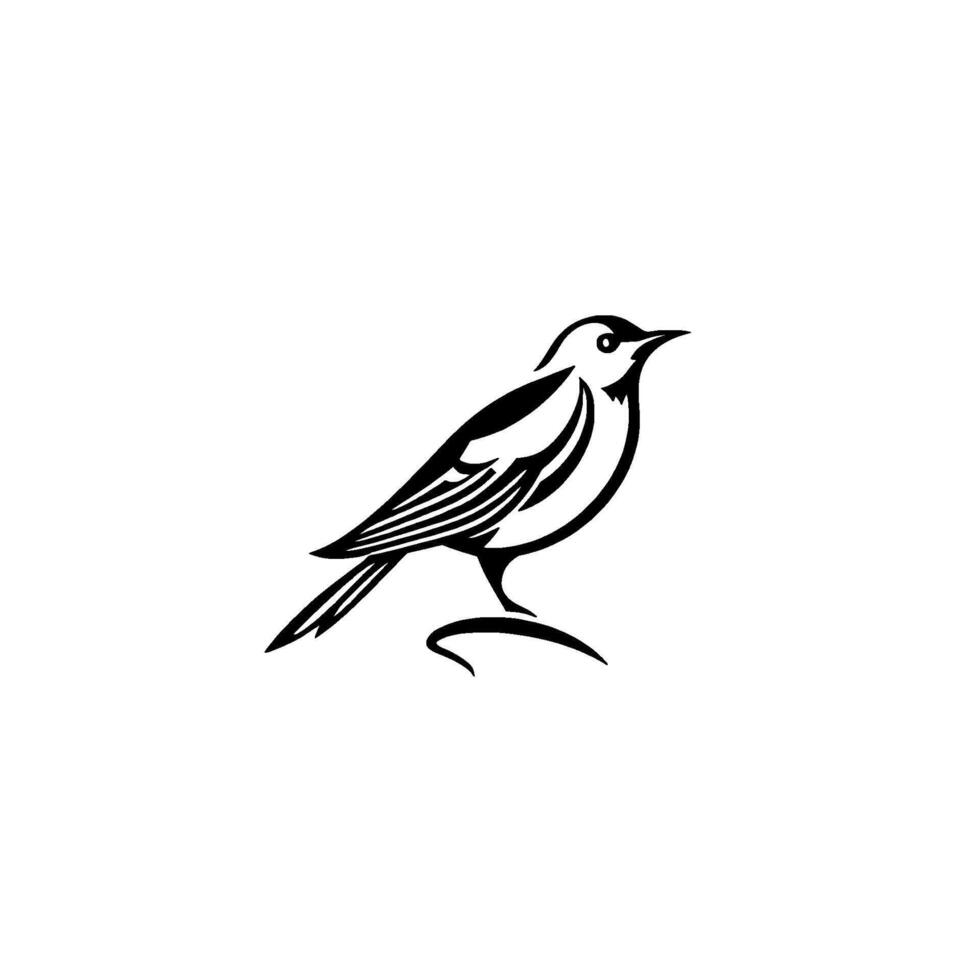 Minimalist Black and White Illustration of a Perched Songbird with Detailed Feather and Contour Lines on White Background. vector
