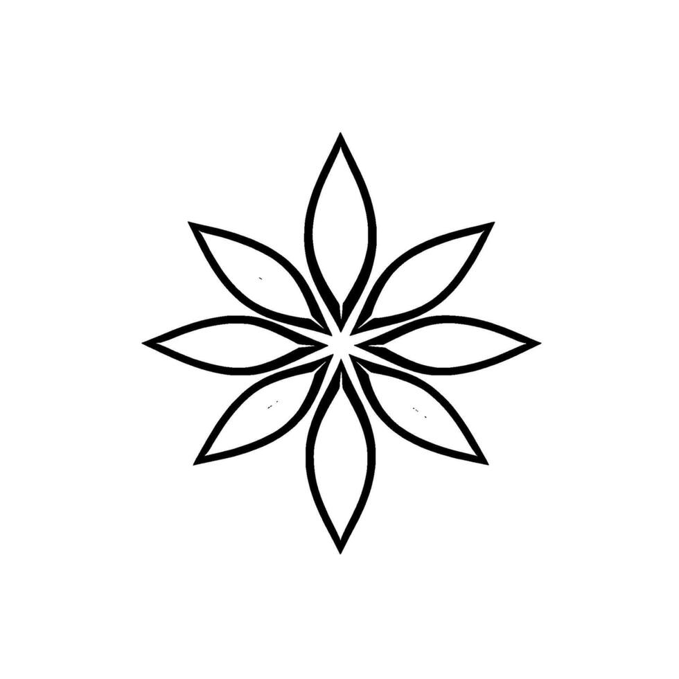 Symmetrical black and white eightpetal floral , simple geometric illustration on a clean, minimalist white background. vector
