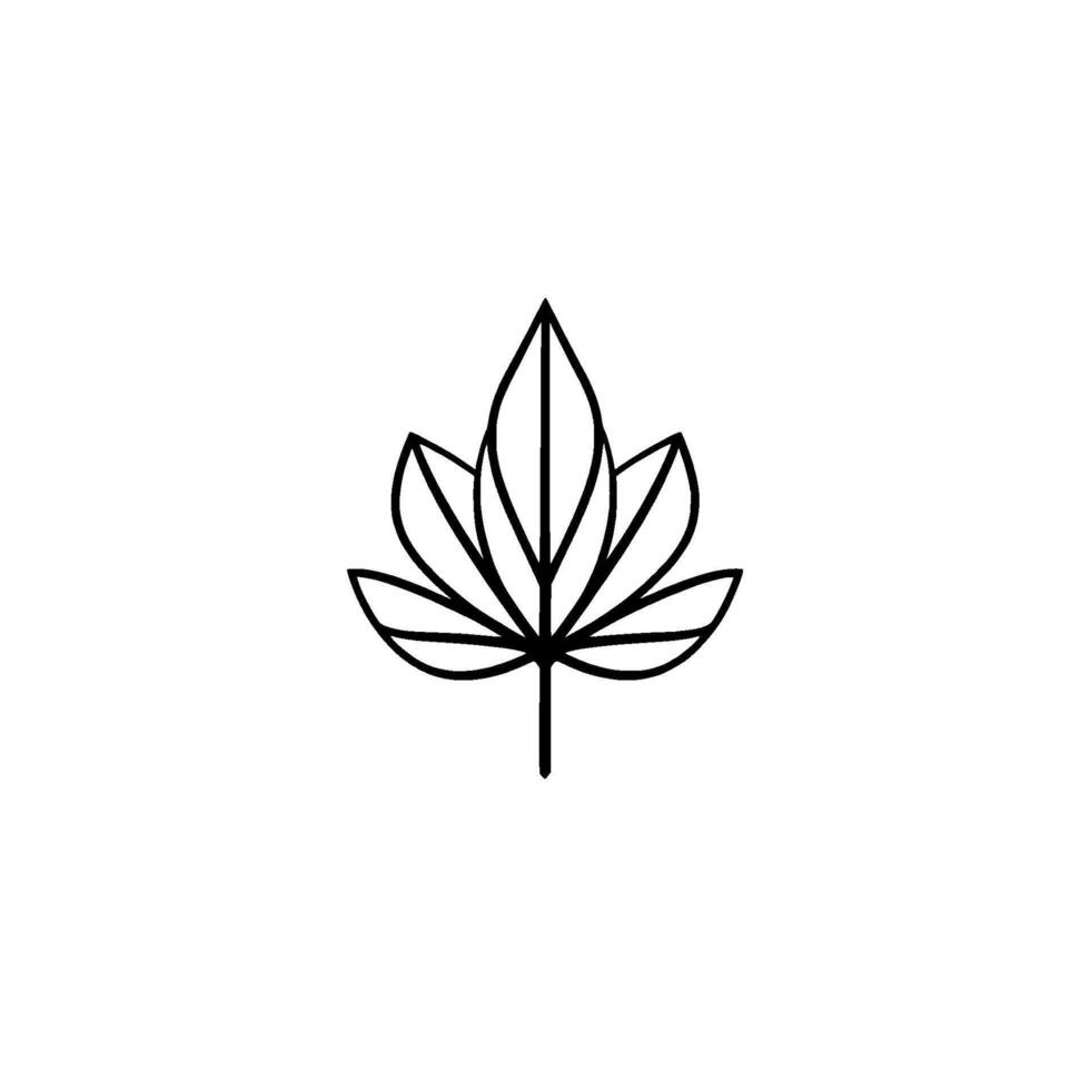 Simple black and white geometric illustration of a stylized leaf with a central stem, set against a blank white background. vector