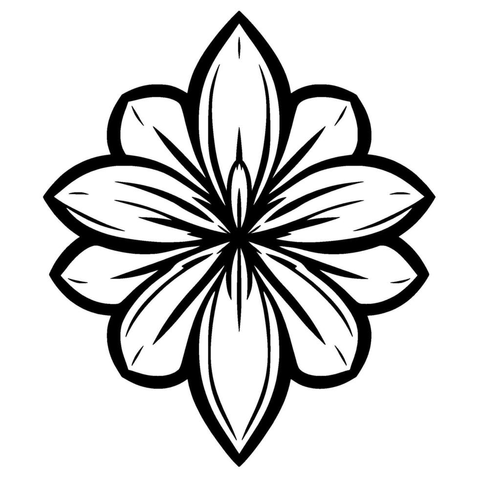 A symmetrical black and white floral illustration, featuring bold outlines and radiating petals, creating a minimalist and elegant . vector