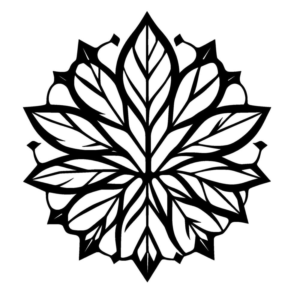 Symmetrical Black and White Floral Mandala Featuring Intricate LeafLike Petals on a White Background, Highlighting Detailed . vector
