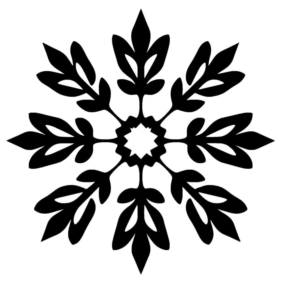 Symmetrical Black and White Snowflake , Featuring Ornate Leaflike Extensions Radiating from a Central StarShaped Core on a Clean Background. vector