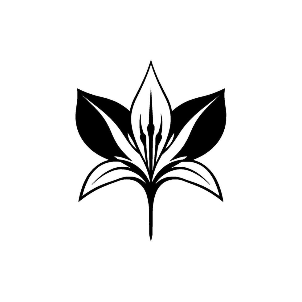 Symmetrical, minimalist black and white stylized floral resembling a lily or similar, centered on a white background. vector