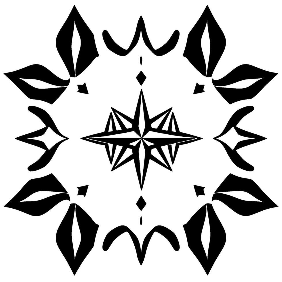 Black and white symmetrical abstract floral featuring a central starburst, stylized leaves, and curved elements, creating a geometric pattern. vector
