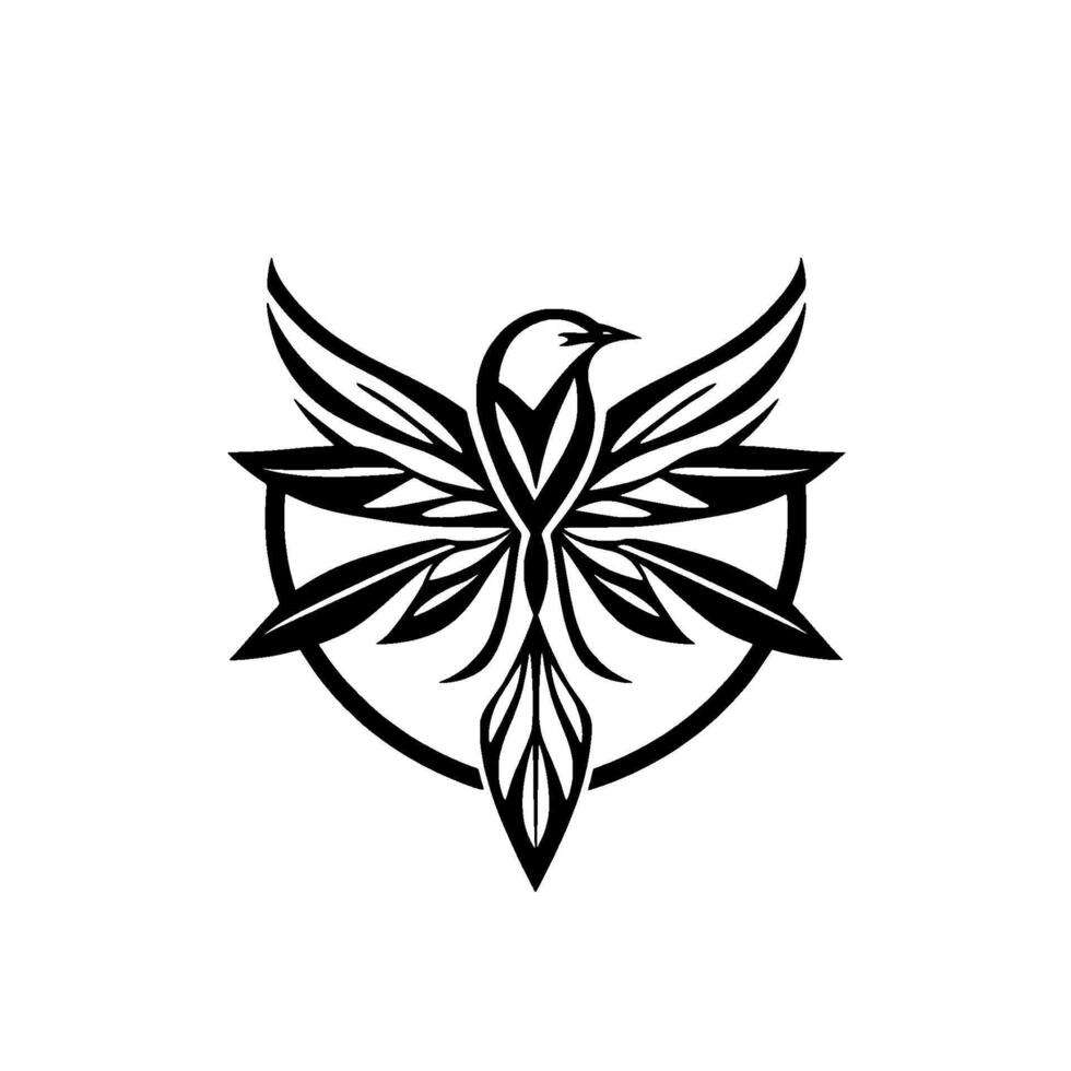 Elegant, stylized black and white bird emblem, with wings and tail composed of leaflike shapes, framed by a circular element, set against a pure white backdrop. vector