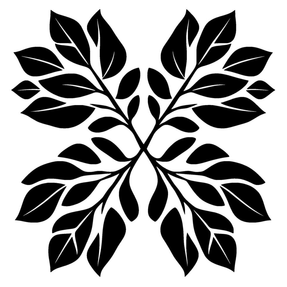 Symmetrical floral in a black and white format, featuring intertwined branches and stylized leaves, evoking nature and modern art. vector