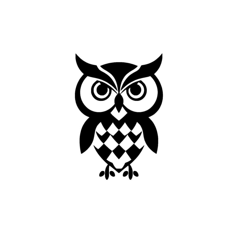 Stylized, symmetrical black and white owl illustration featuring geometric chest pattern, expressive eyes, and simple clean on a white background. vector