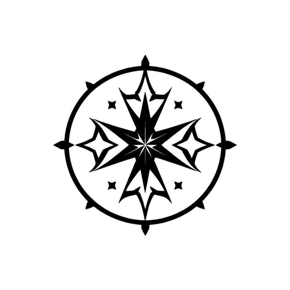 Minimalist Black and White Nautical Compass Rose Emblem, StarShaped in a Circular Frame, Isolated on White Background. vector