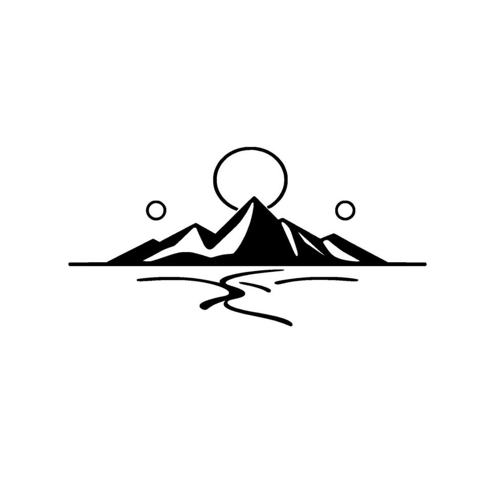 Minimalist Black and White Illustration of Mountain Range with Sun, Moon, and River, evoking nature and serenity. vector