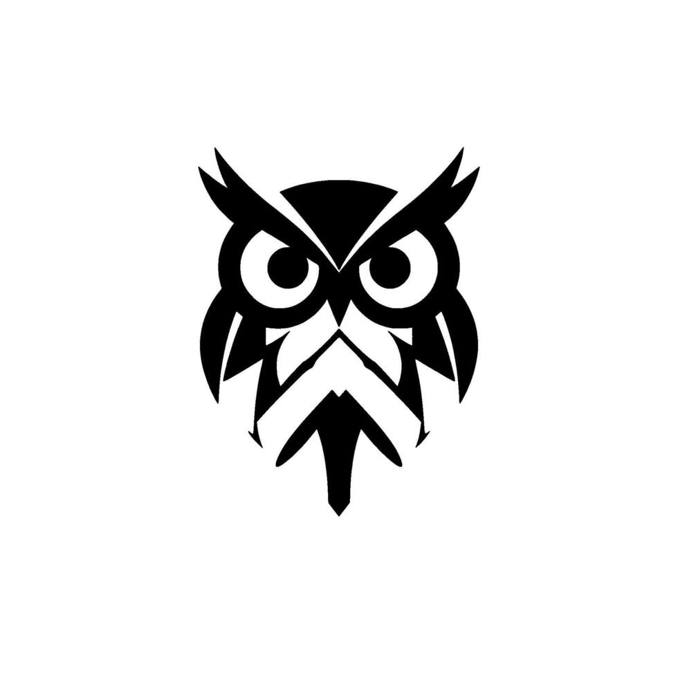 Bold Black and White Owl Minimalist Silhouette with Sharp Angles and Focused Eyes, Centered on White Backdrop. vector