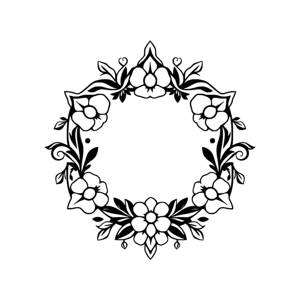 Elegant Floral Wreath in Black and White A symmetrical of stylized flowers, leaves, and flourishes forming a circular frame, perfect for decorative purposes. vector