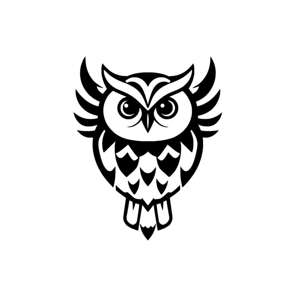 A Stylized, Symmetrical Black and White Owl Emblem with Large Eyes, Wing Details, and a Geometric Chest Pattern, Set Against a White Backdrop. vector