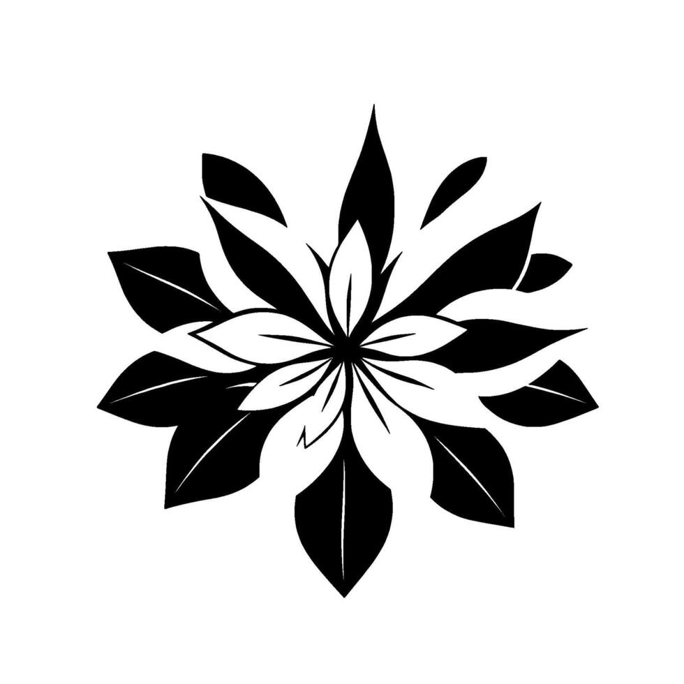 Symmetrical Black and White Floral Illustration on a Pure White Background, Leaflike Petals Radiating Outward. vector
