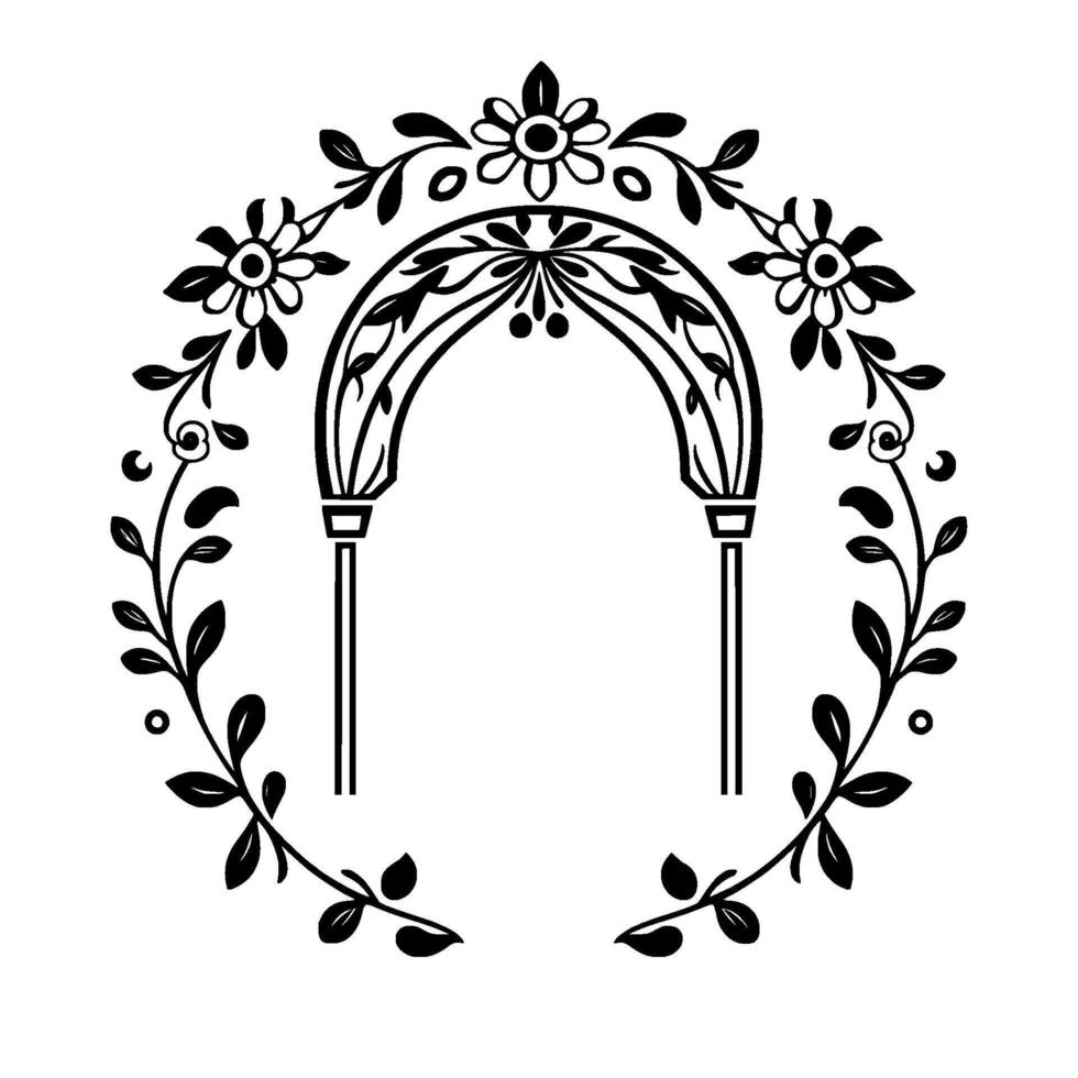 Ornate Black and White Archway with Floral Wreath, Featuring Decorative Vines, Leaves, and Delicate Blossoms, Set Against White Background. vector