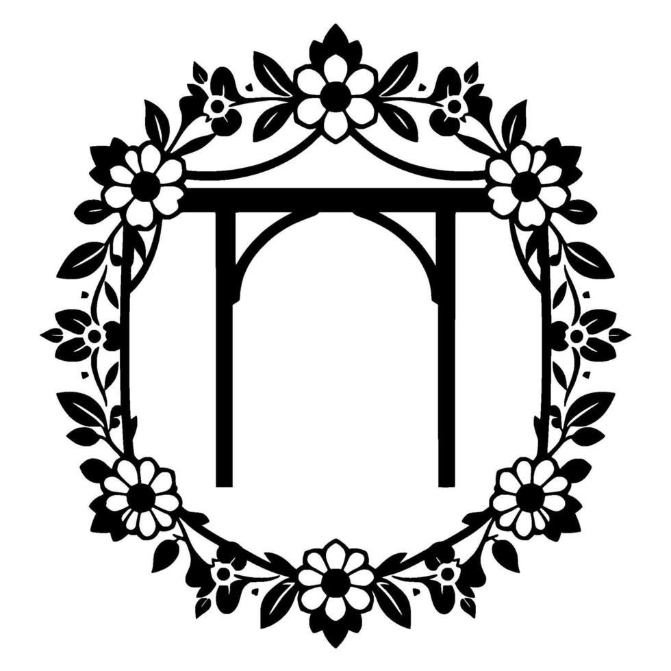 Black and White Floral Archway Surrounded by a Wreath of Leaves and Blooms, Elegant Silhouette. vector