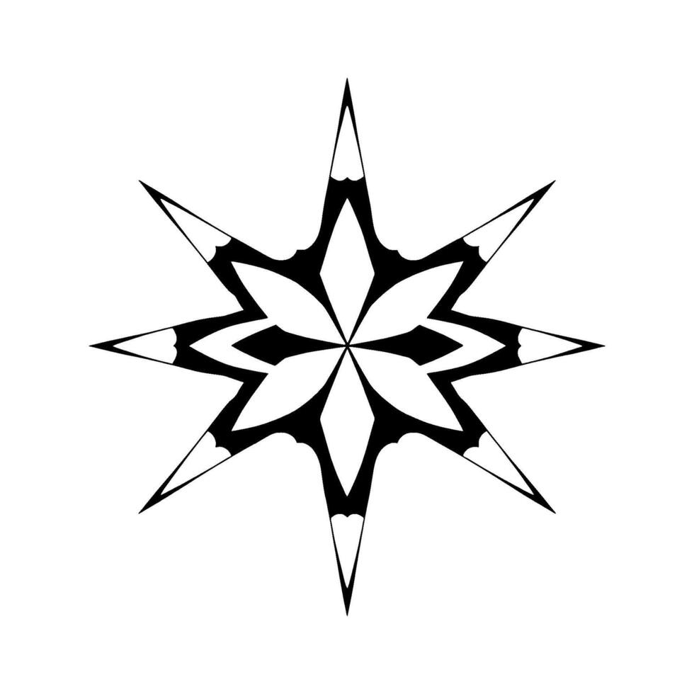 Geometric black and white eightpointed star , symmetrical, with pointed tips and scalloped inner edges, isolated on a white background. vector