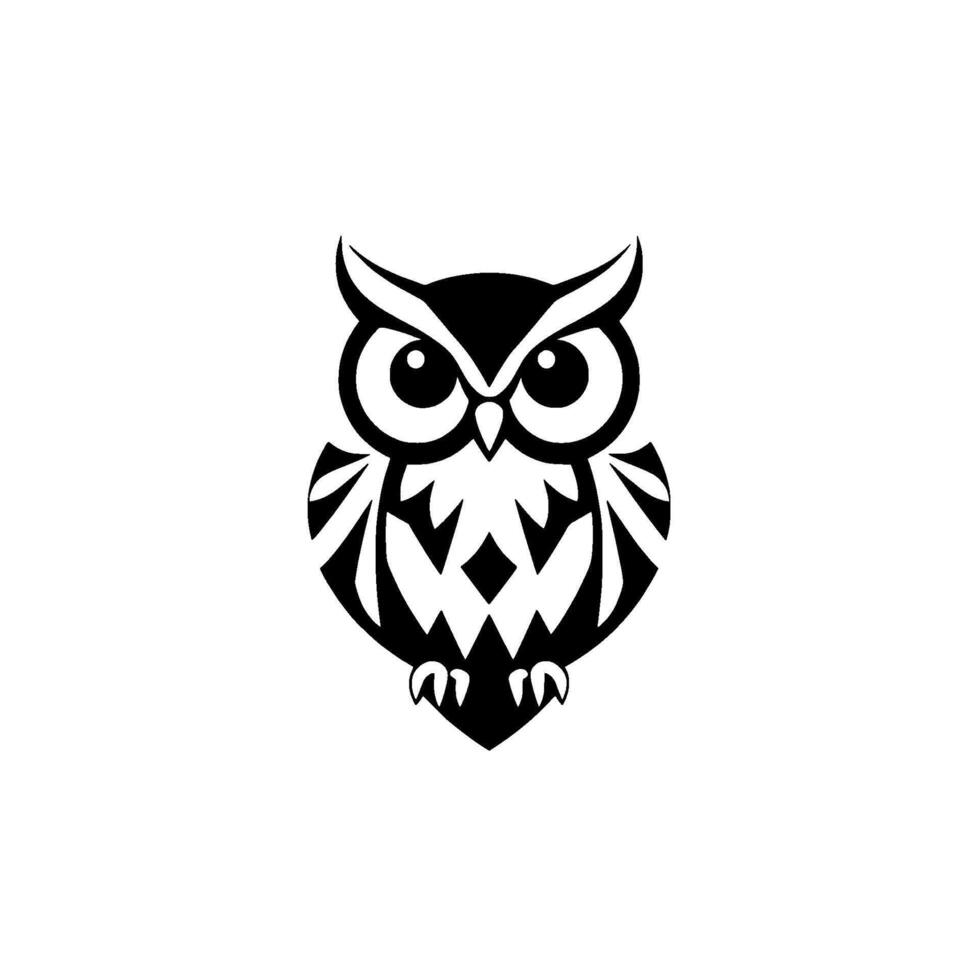 A stylized black and white owl with a minimalist geometric , set against a clean white background, evoking wisdom and elegance. vector