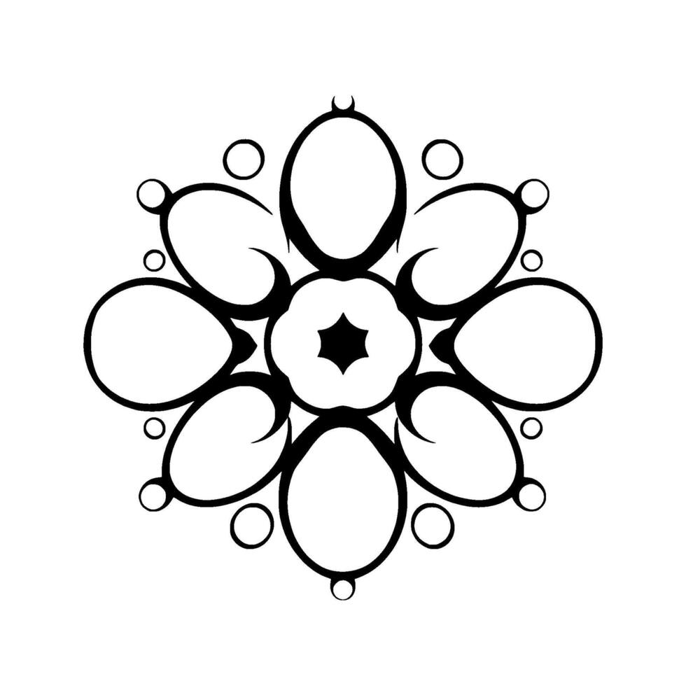 Symmetric Black and White Floral Featuring Rounded Petals, Concentric Rings, and a Starburst Center on a White Background. vector