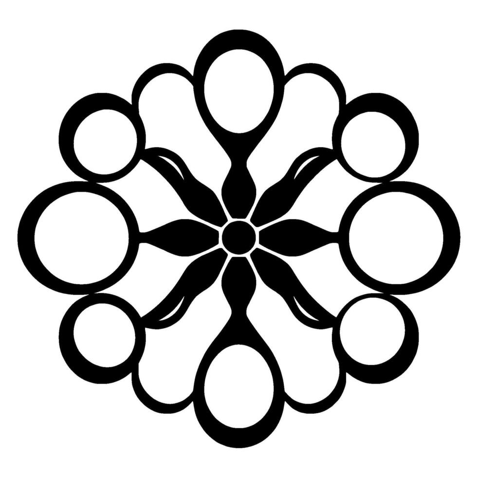 Symmetrical floral mandala featuring a central flower with teardrop and circular elements, rendered in stark black and white. vector