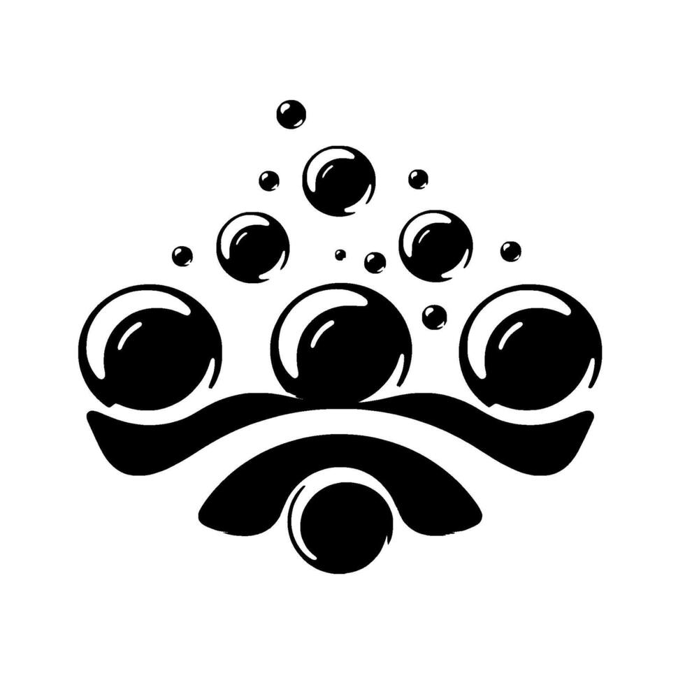 Abstract monochromatic illustration of a soap bubble formation over stylized flowing water, with varying sizes and reflections on white. vector