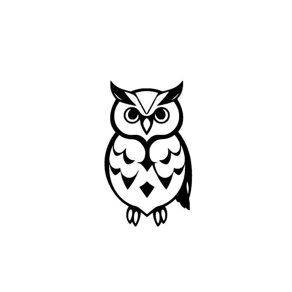 Stylized Black and White Owl Illustration with Geometric Feather Details, Isolated on White. vector