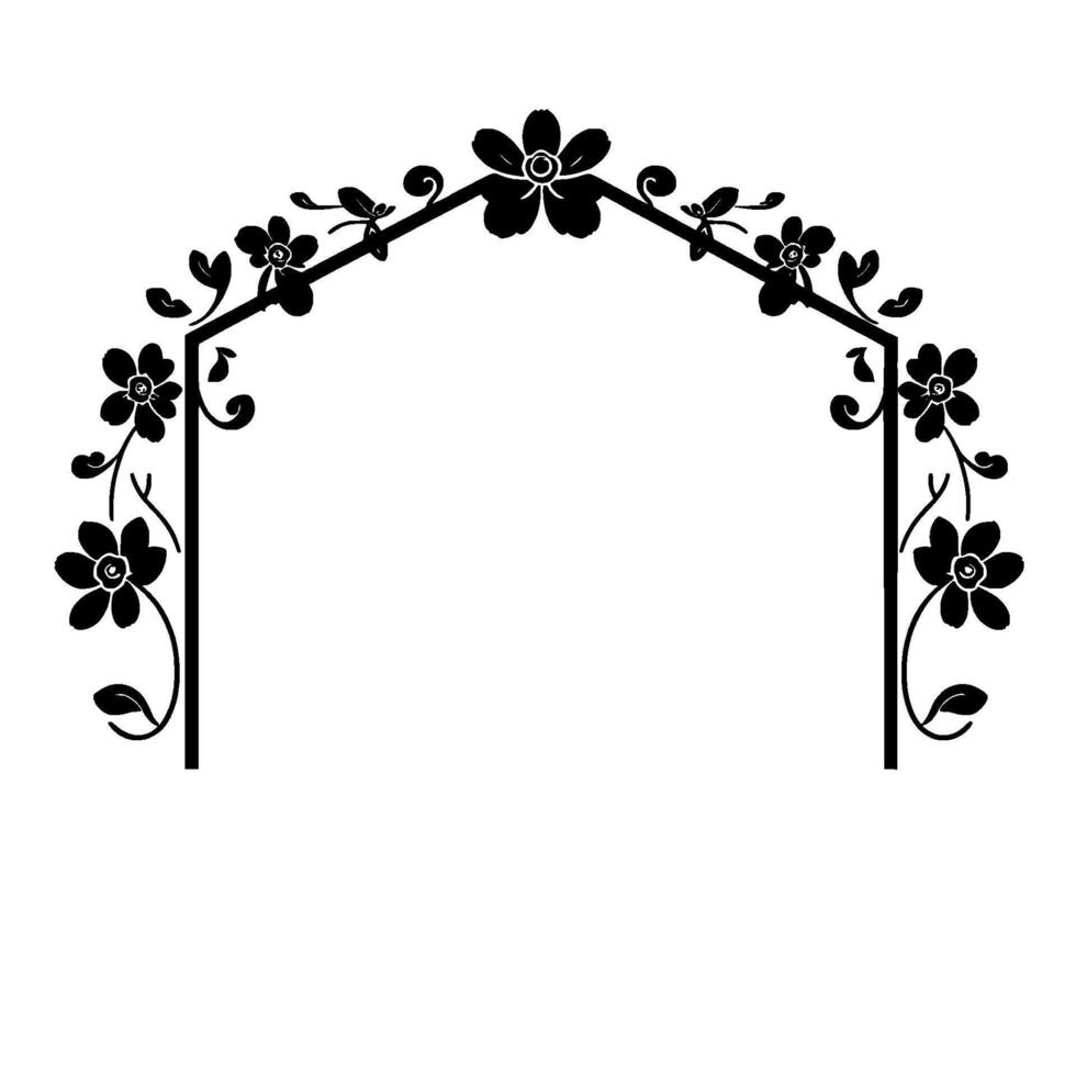 Black floral archway with blossoms and leaves, a symmetrical on white background, decorative . vector