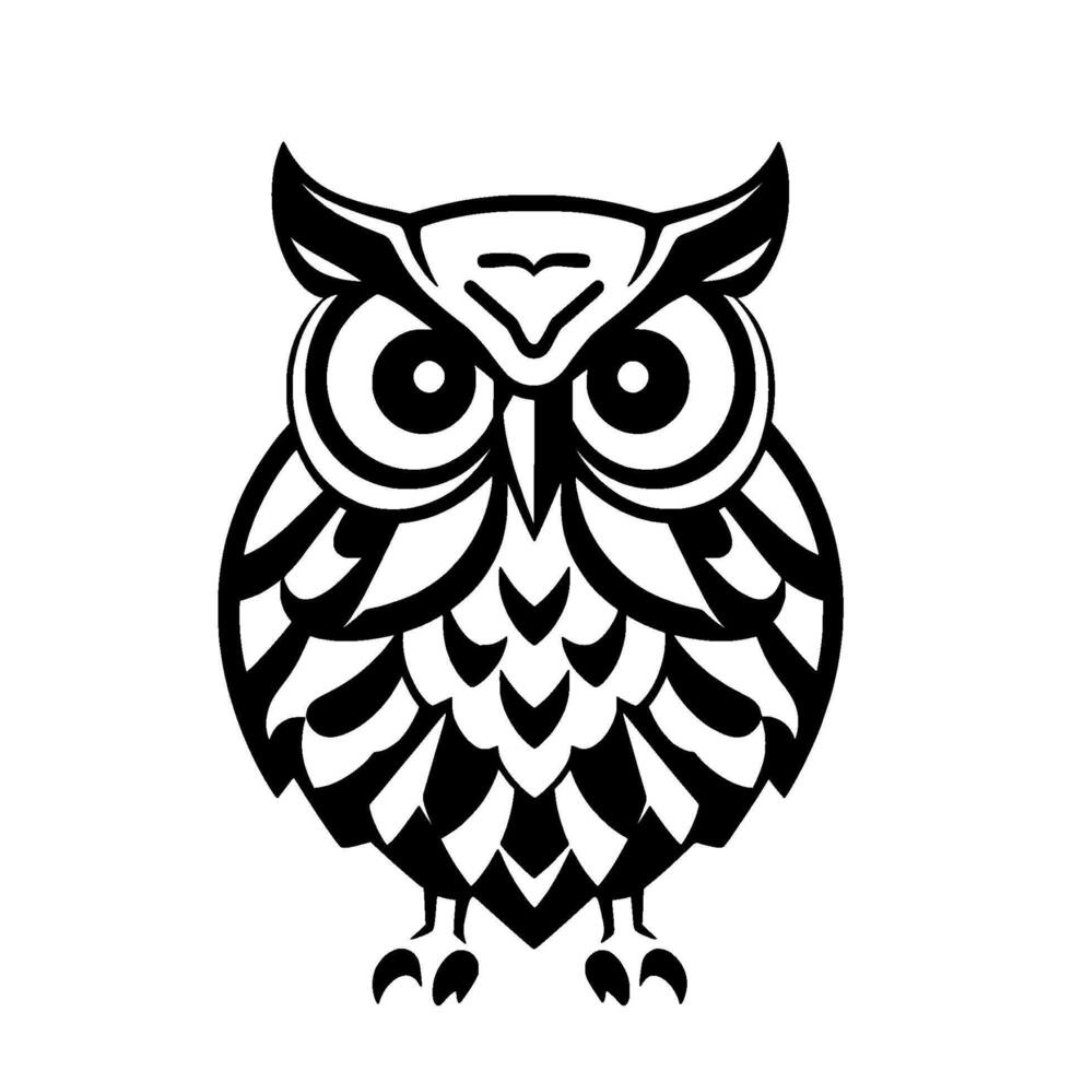 Stylized Black and White Owl with Geometric Feather Detailing and Focused Gaze, Set Against Blank White Background. vector