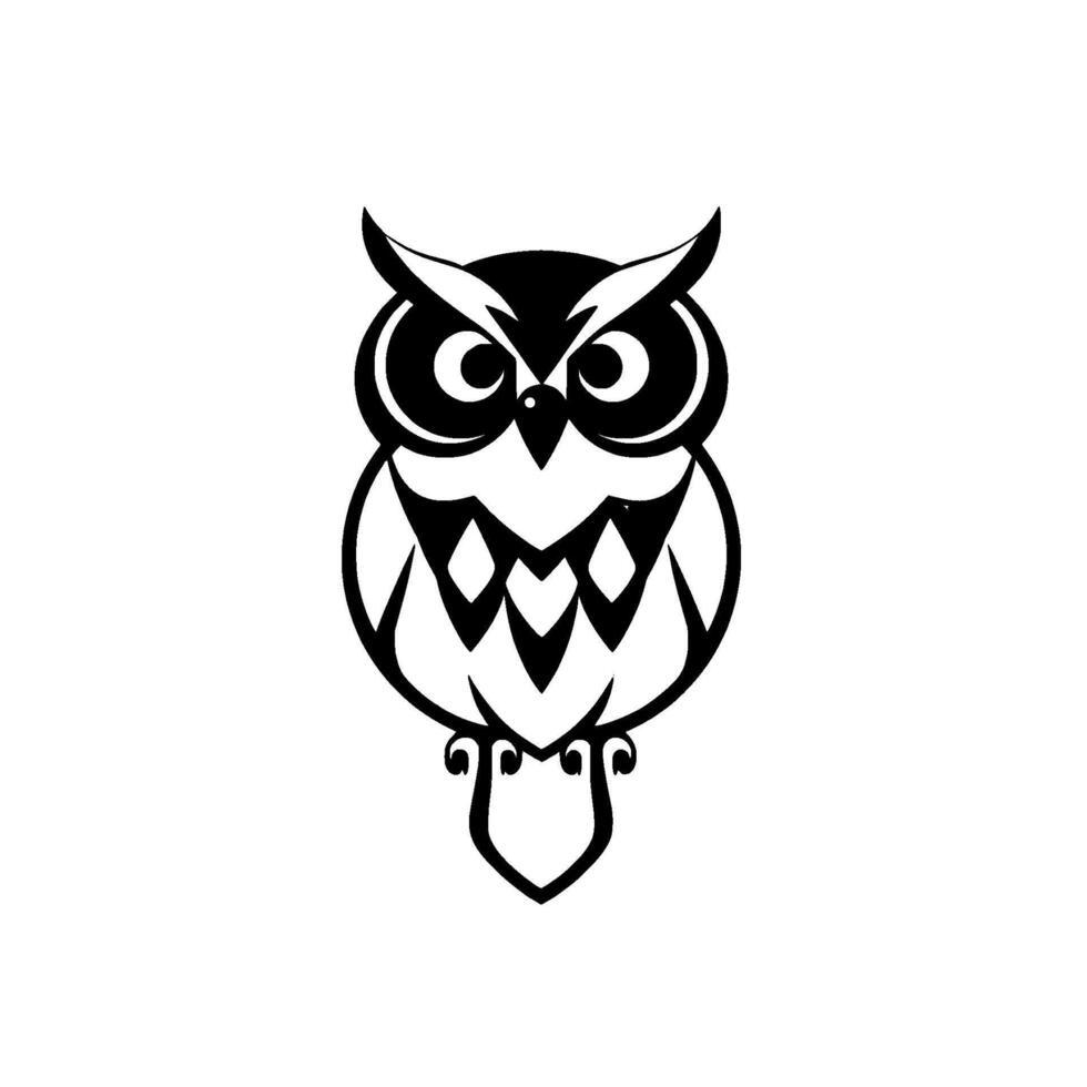 Striking black and white minimalist owl , showcasing geometric shapes and clean lines on a pristine white backdrop. vector