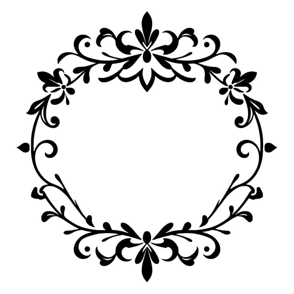 Elegant black floral wreath with symmetrical arrangement of leaves, flourishes and a central oval space, isolated on white background. vector