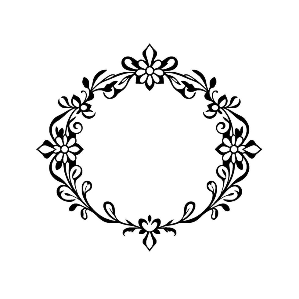 Elegant Oval Floral Frame in Black and White, featuring stylized flowers, leaves, and decorative flourishes on a clean white background. vector