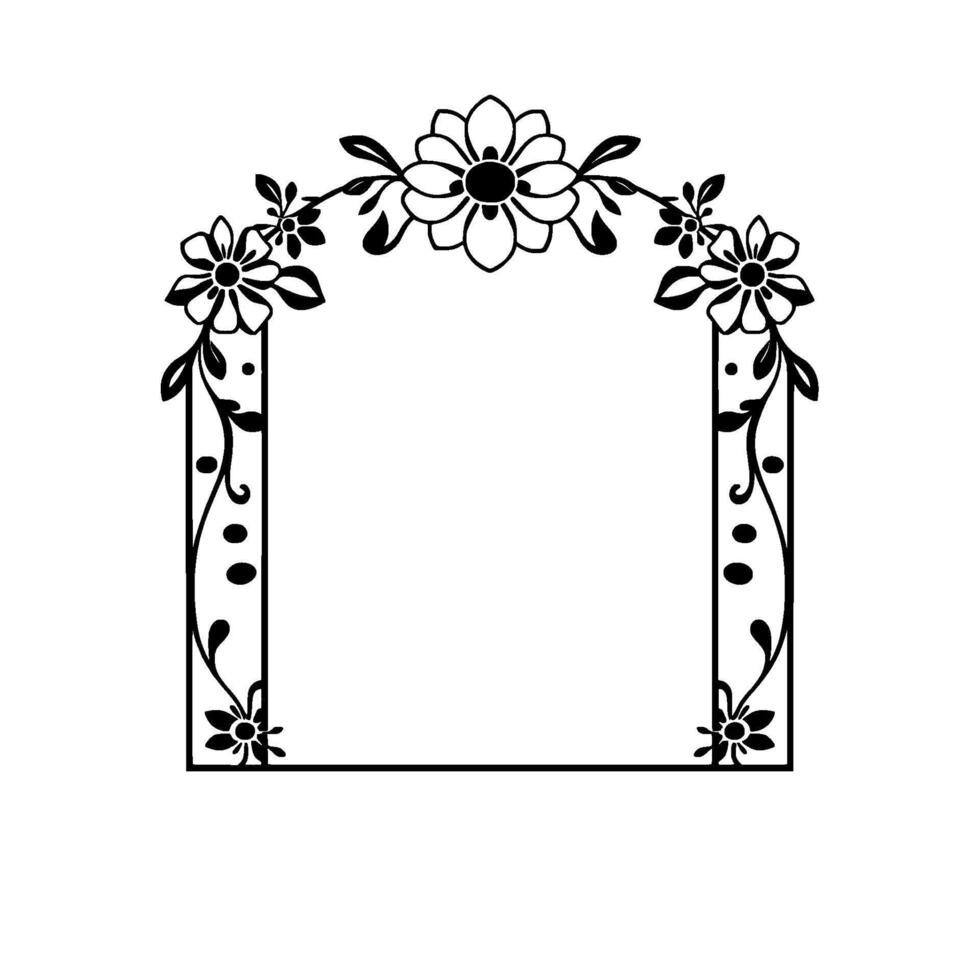 Elegant Floral Archway Frame Illustration Black and White Featuring Detailed Flowers, Leaves, and Ornate Vines for a Decorative Border. vector