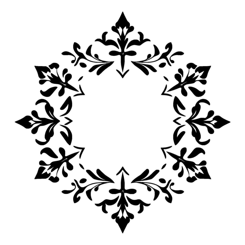 Intricate symmetrical black and white floral arabesque , arranged circularly, with a central empty circular space, set against a white backdrop. vector