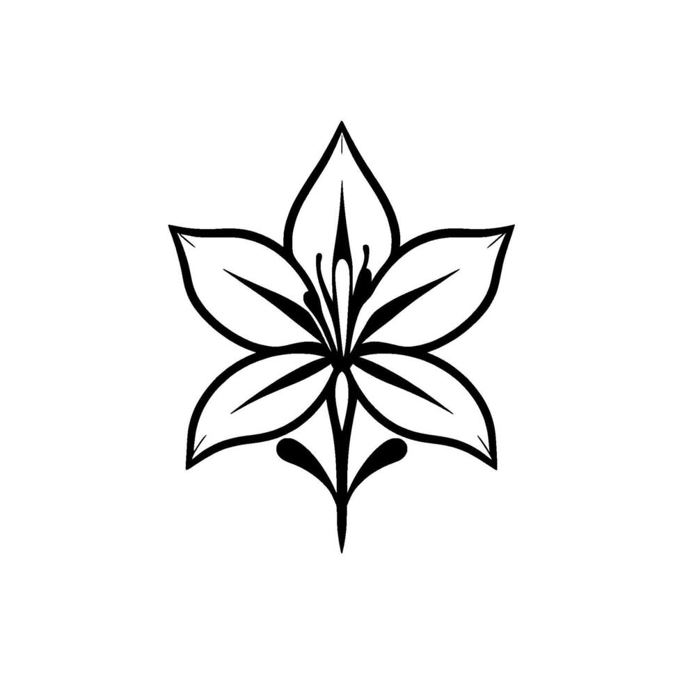 Black and White Stylized Floral Illustration A Symmetrical LilyLike with Six Petals, Ornamental Stem, and Isolated White Background. vector