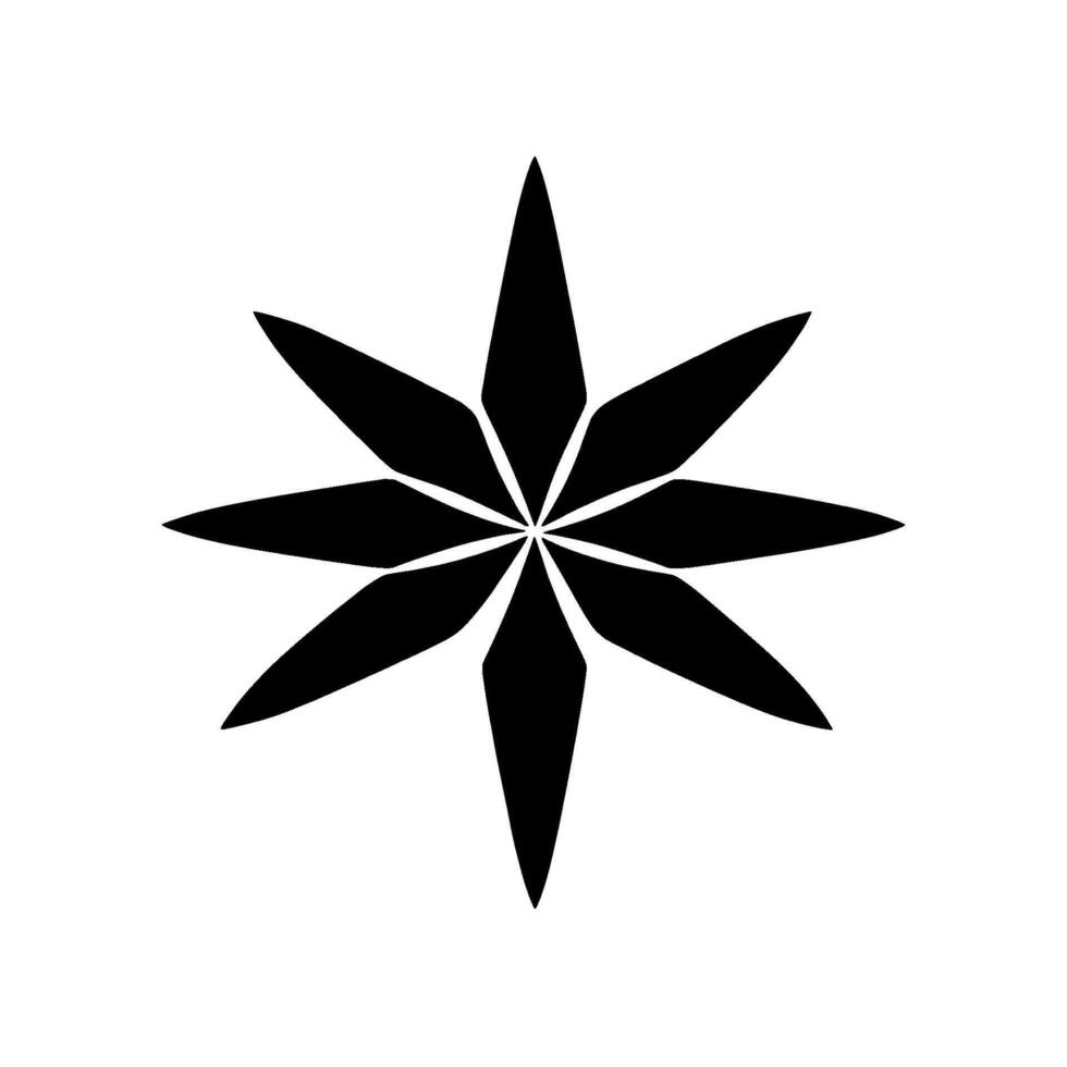 Isolated symmetrical black eightpointed star shape, composed of sharp triangular petals, against clean white background, minimalist . vector