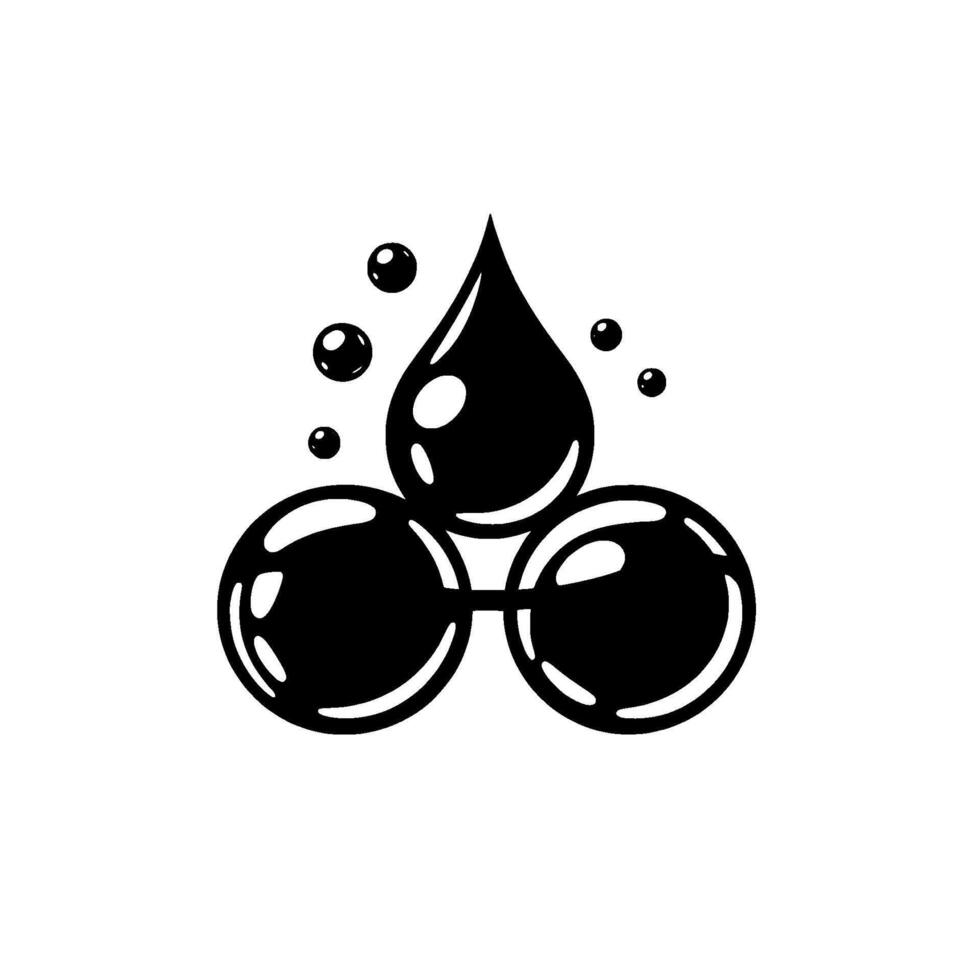 Abstract black and white depicting a stylized water droplet atop interconnected spheres and bubbles, representing a clean, fresh concept. vector