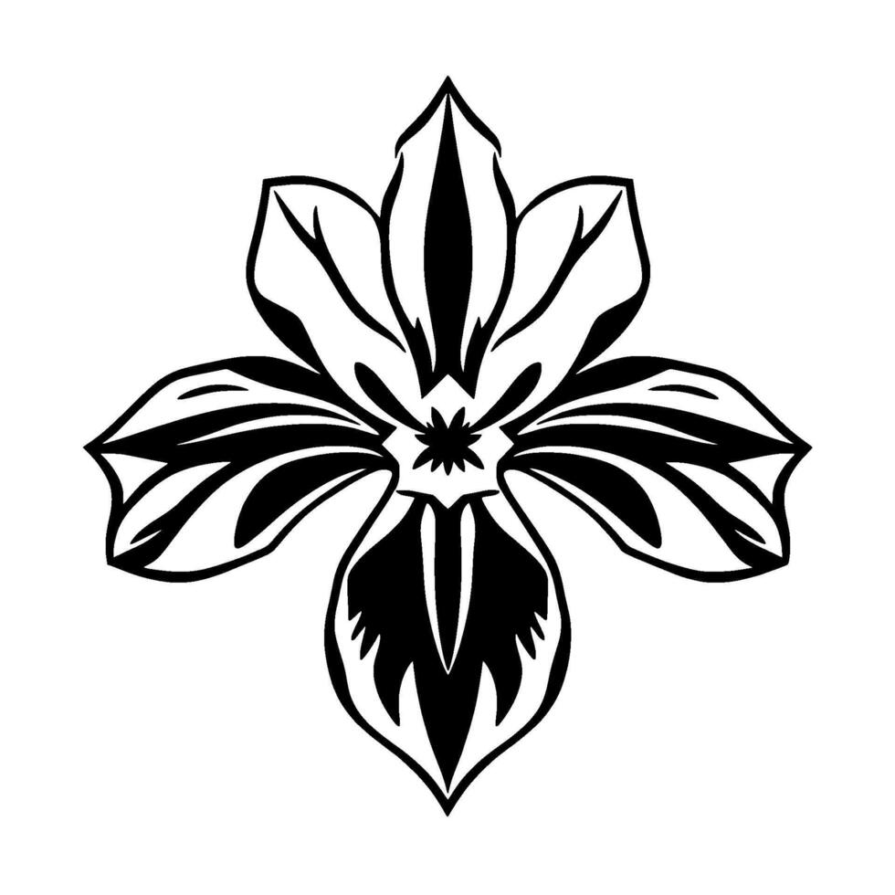 Bold Black and White Floral Emblem Symmetrical, Stylized Bloom with Pointed Petals and StarLike Center on White. vector