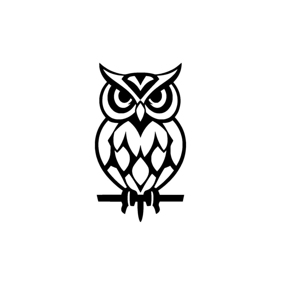 Stylized Black and White Owl Perched on a Branch, Featuring Intricate Geometric Patterns, Isolated on White Background. vector