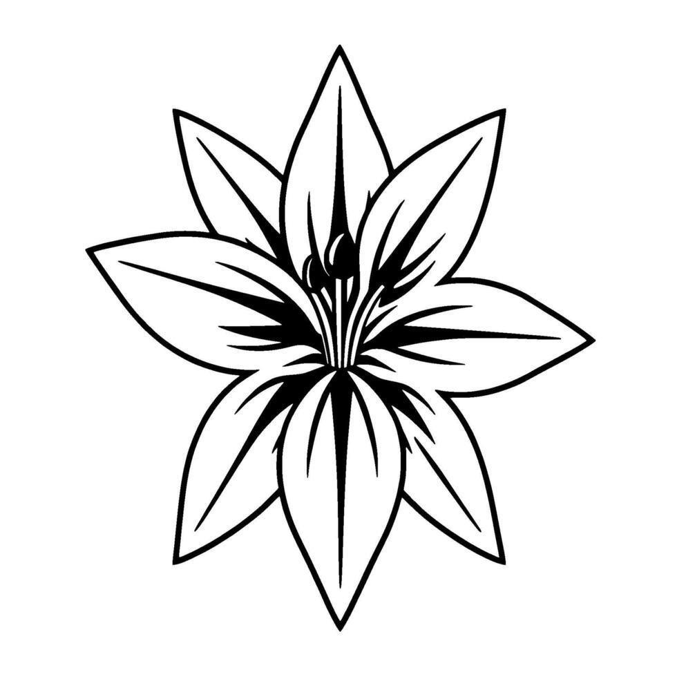 Bold black and white symmetrical floral illustration with sharp petal details and stylized center, against a plain white background. vector