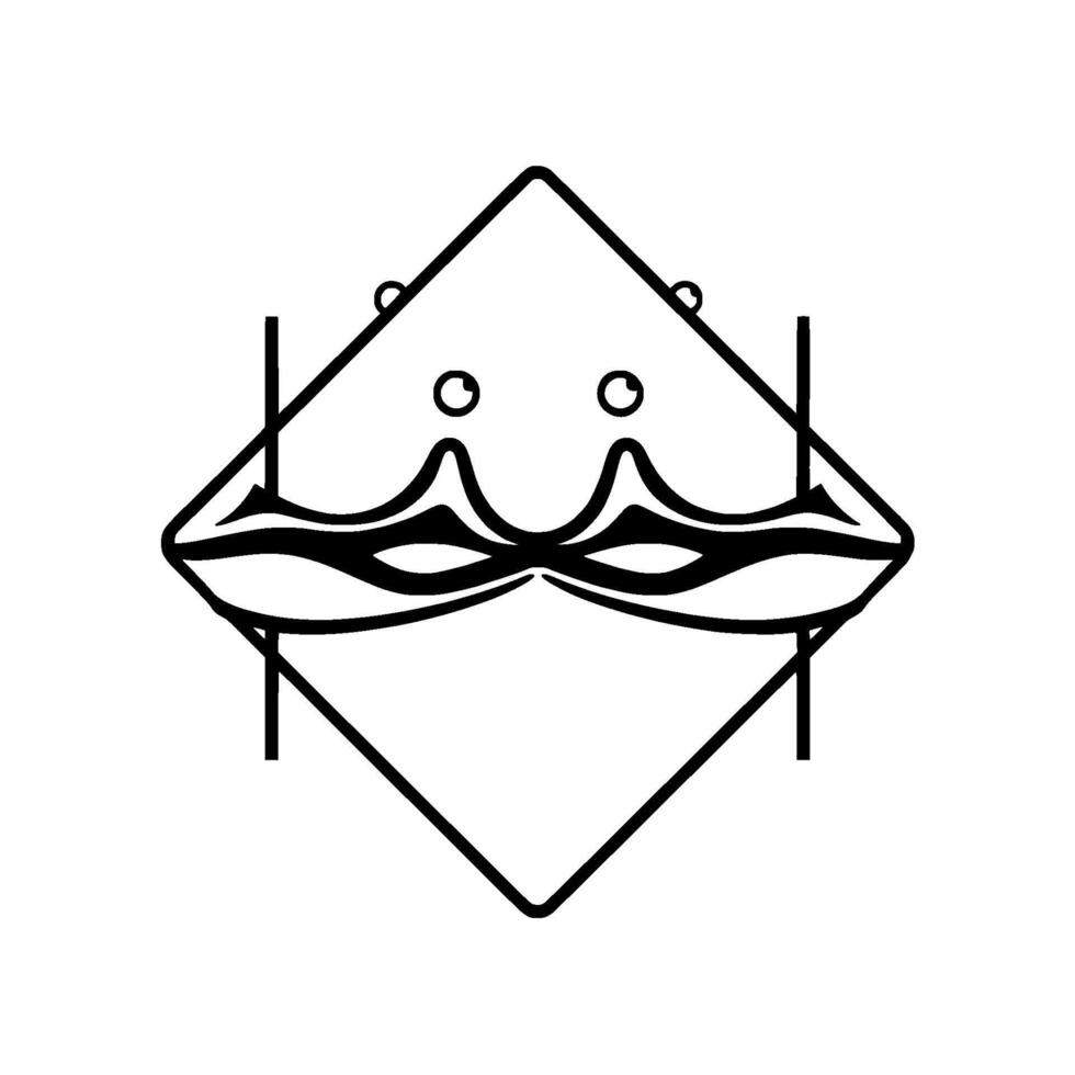 Geometric, minimalist face composed of a diamond shape, with stylized eyes, mustache, and minimalist decorative elements, all in bold black lines against a white background. vector
