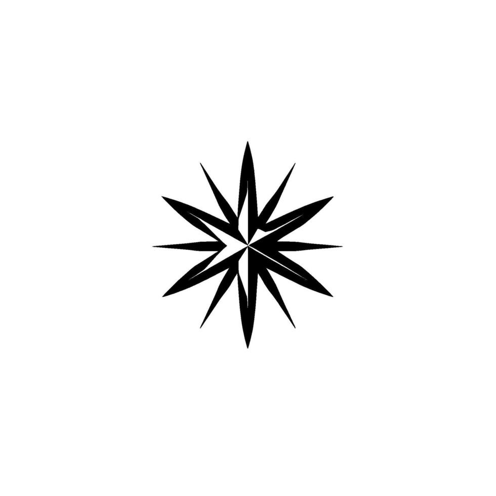 Geometric, black, starburstlike symmetrical with sharp, radiating points set against a pristine white backdrop, minimalist . vector