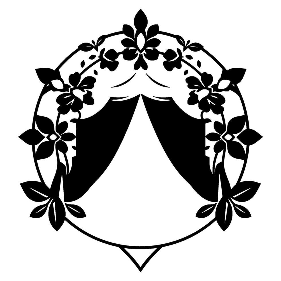 Elegant Black and White Floral Frame with a Curtained Alcove , Minimalist and Decorative, Art. vector