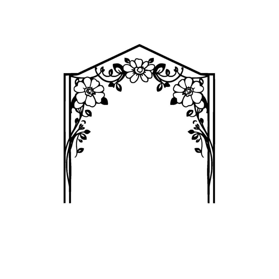 Elegant Floral Archway A Decorative Black and White Illustration for Wedding or Garden Designs, with Intricate Flower and Leaf Detail vector