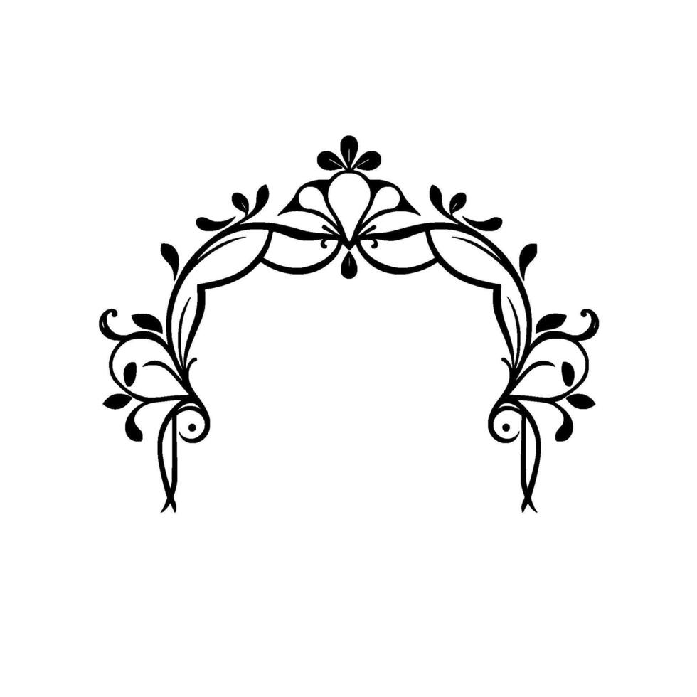 Elegant Black and White Floral Archway Ornament with Delicate Leaf Designs and Ornamental Swirls, Isolated on White Background. vector