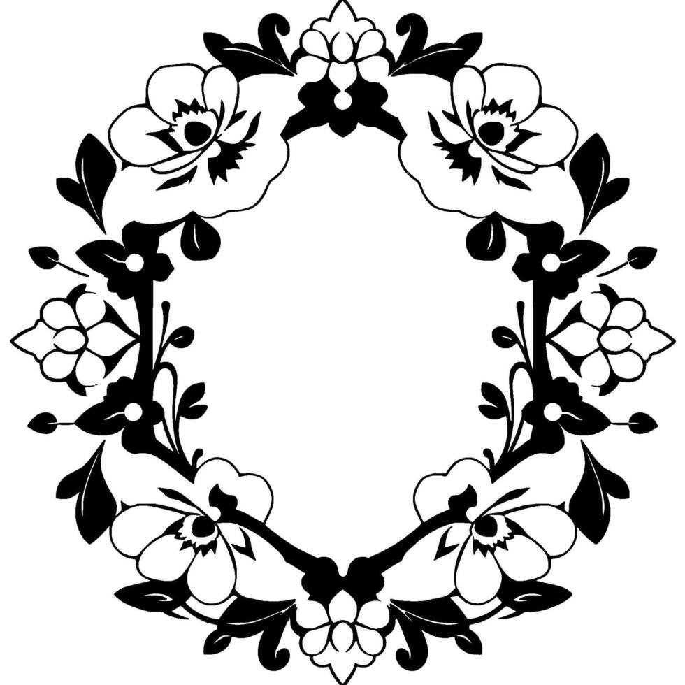 Ornate black and white floral wreath with stylized flowers, leaves and decorative elements, creating an elegant border. vector