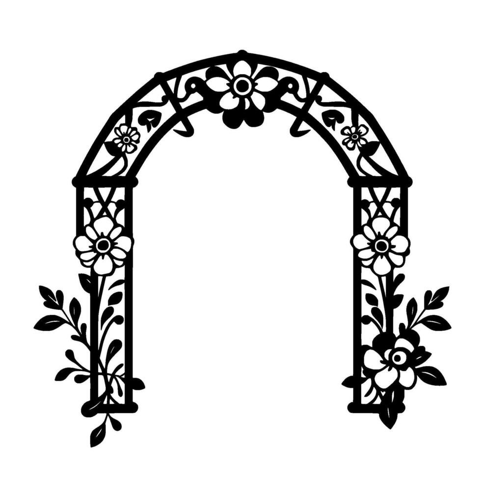 Elegant Black and White Floral Arch Decorative Illustration with Detailed Flower and Leaf Elements, Perfect for and Art vector