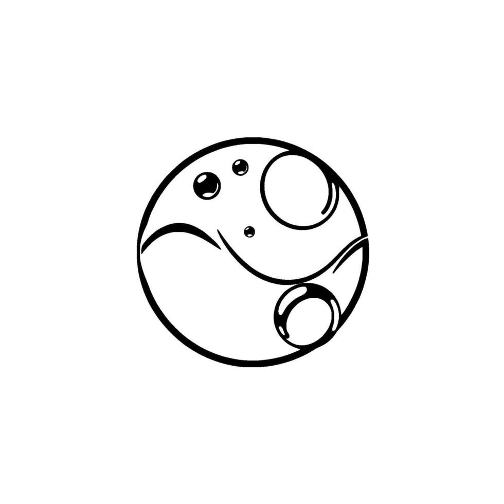 A minimalist cartoon moon with whimsical face details, stylized orbital elements, and rounded shapes, presented in bold black lines on a white background. vector