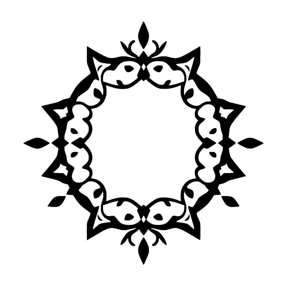 Intricate Black and White Geometric Circular Ornament with Stylized Floral and Angular Details. vector